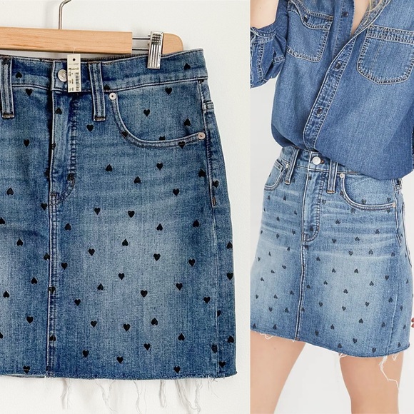 • NWT! • Madewell mid wash denim mini skirt with black hearts print - Picture 6 of 6